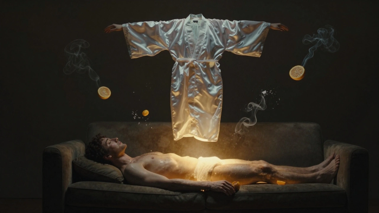 Mannelijk lichaam omhuld door gouden licht, met een zwevende kimono en symbolische dampen.