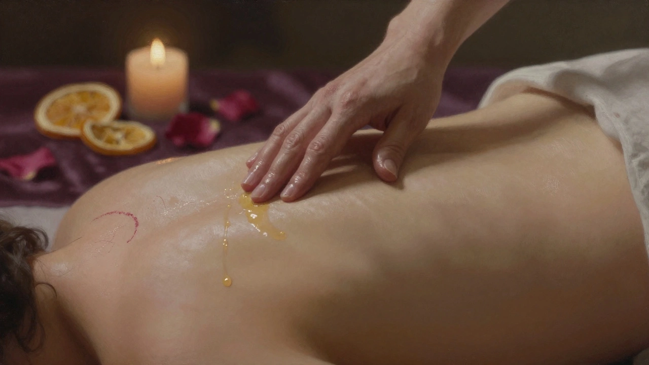 Nauwe close-up van vingers die langzaam over de onderrug glijden, olie op huid, rozenblaadjes in de achtergrond.