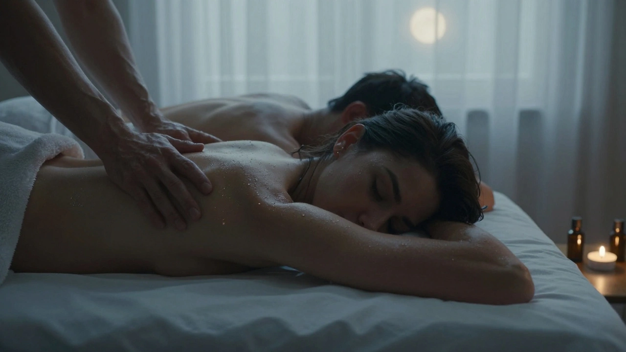 Paar na een massage, hoofd op borst, olie glinsterend, maanlicht door gordijnen, stilte en verbondenheid.