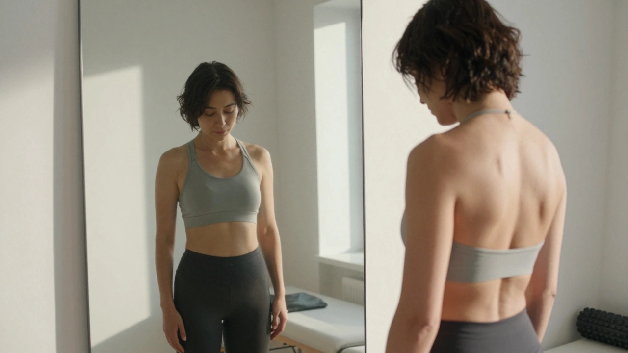 Persoon kijkt in de spiegel na een massage, met ontspannen houding en vrijgekomen spanning.