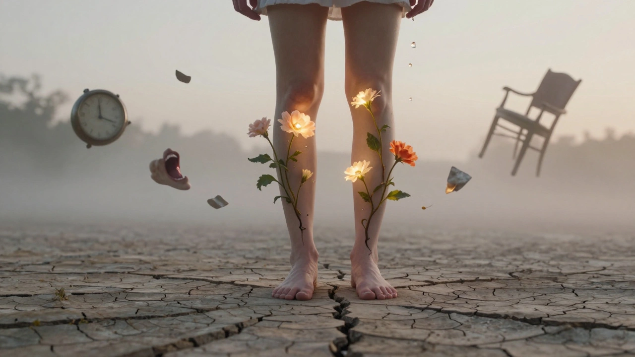 Persoon met gespleten huid waaruit lichtvaten groeien, druppel water valt langzaam, oude stress verdwijnt in mist.