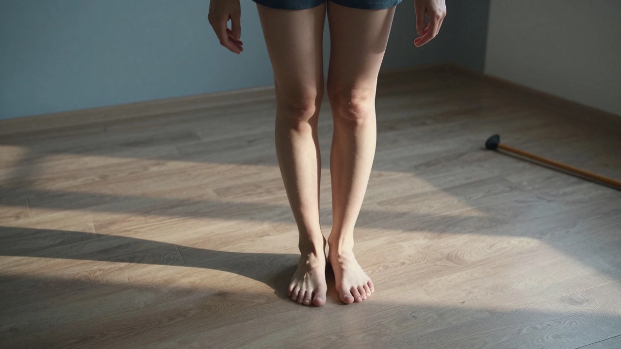 Persoon staat barefoot op houten vloer, voelt de grond weer, met een gevoel van herstel en vrijheid.