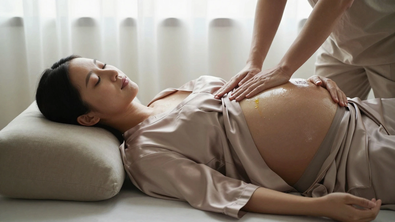 Pregnant woman lying on her side with pillows, serene expression, oil glistening on skin, peaceful and supported.