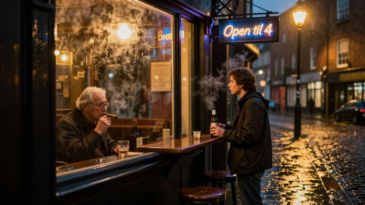 Regenachtige straat buiten een comedyclub, een klein café met neonlicht en een man met een glas whisky bij het raam.