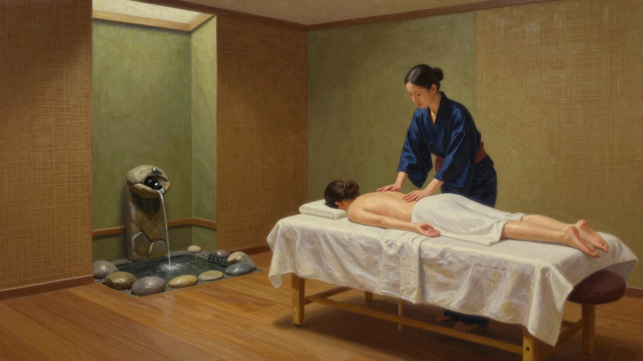 Rustige massagekamer met houten vloer, textielwanden en een stromend fonteintje, een vrouw in een blauwe kimono houdt haar handen boven een persoon.