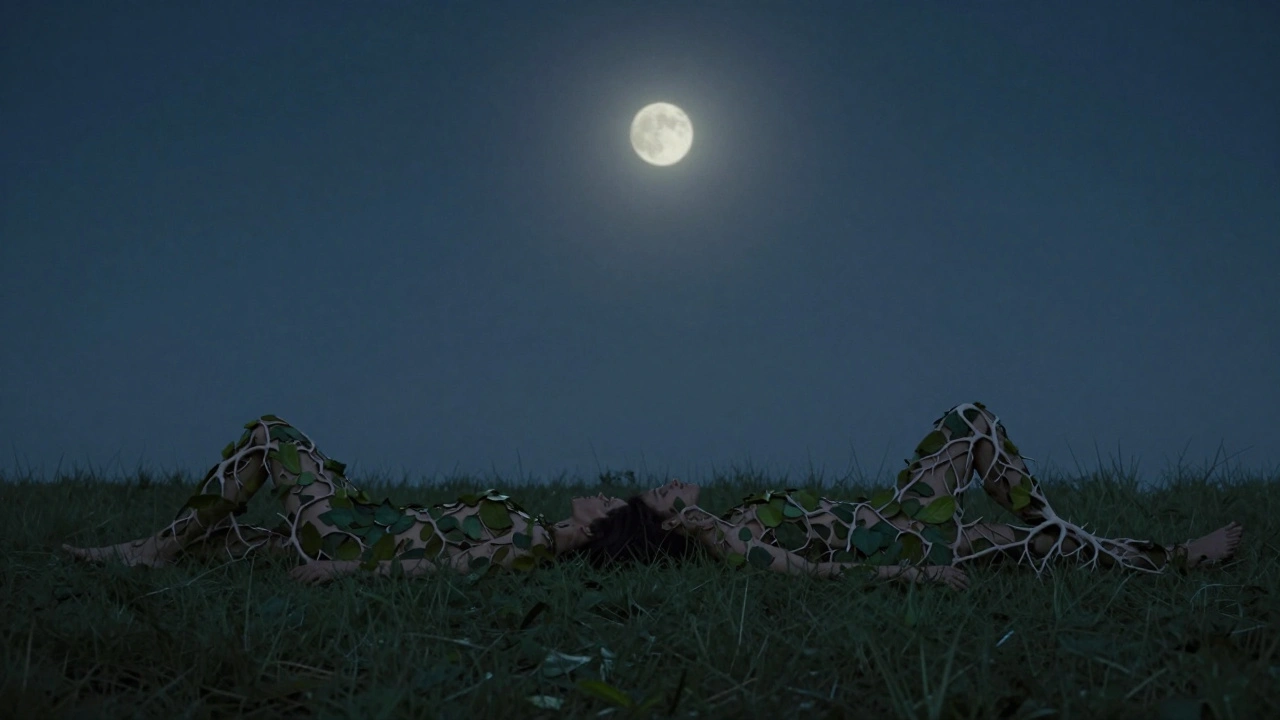 Silhouetten van twee mensen versmolten met natuur, onder een nachtelijke hemel, symboliseren verbinding met de aarde.