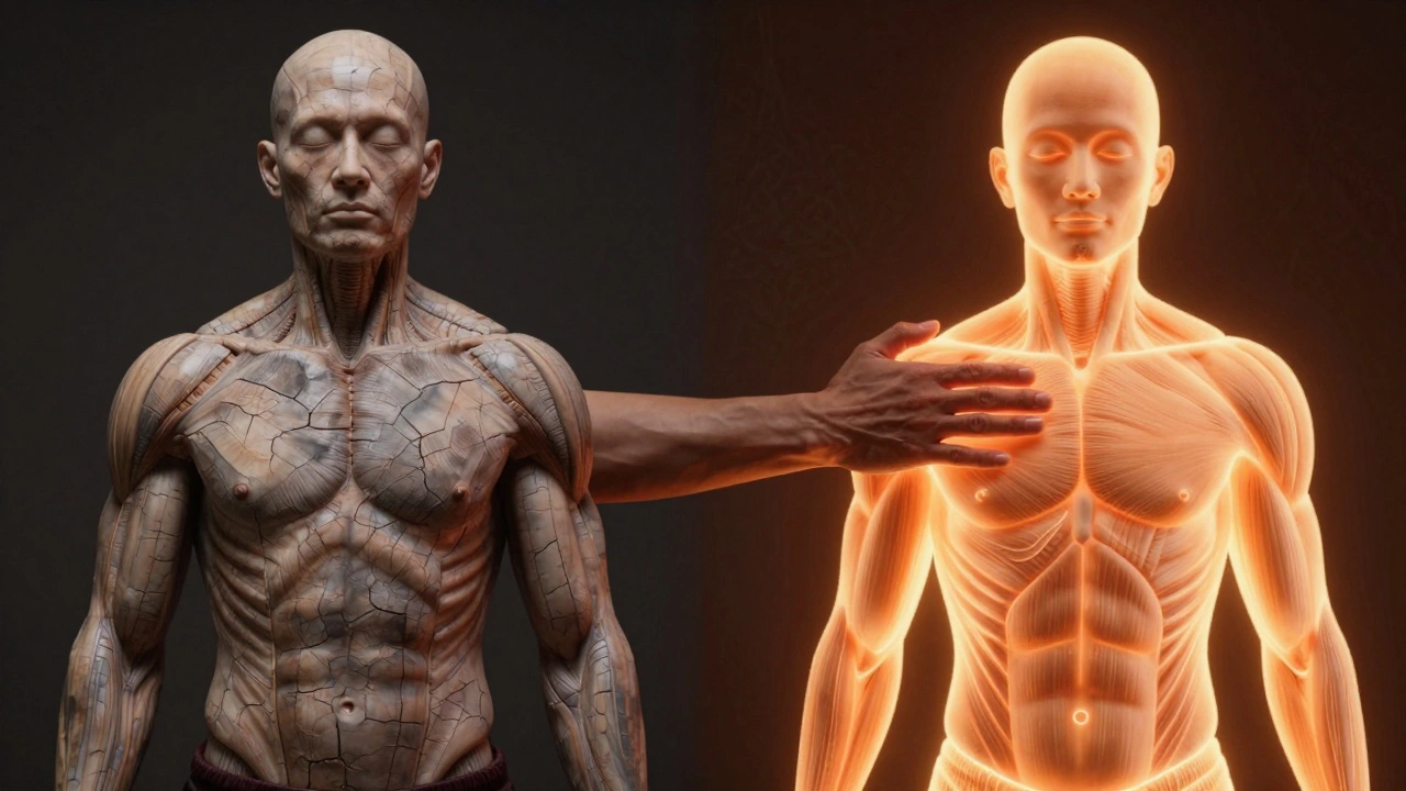 Split-image showing body transformation from stiff and tense to relaxed and energized after Thai massage.