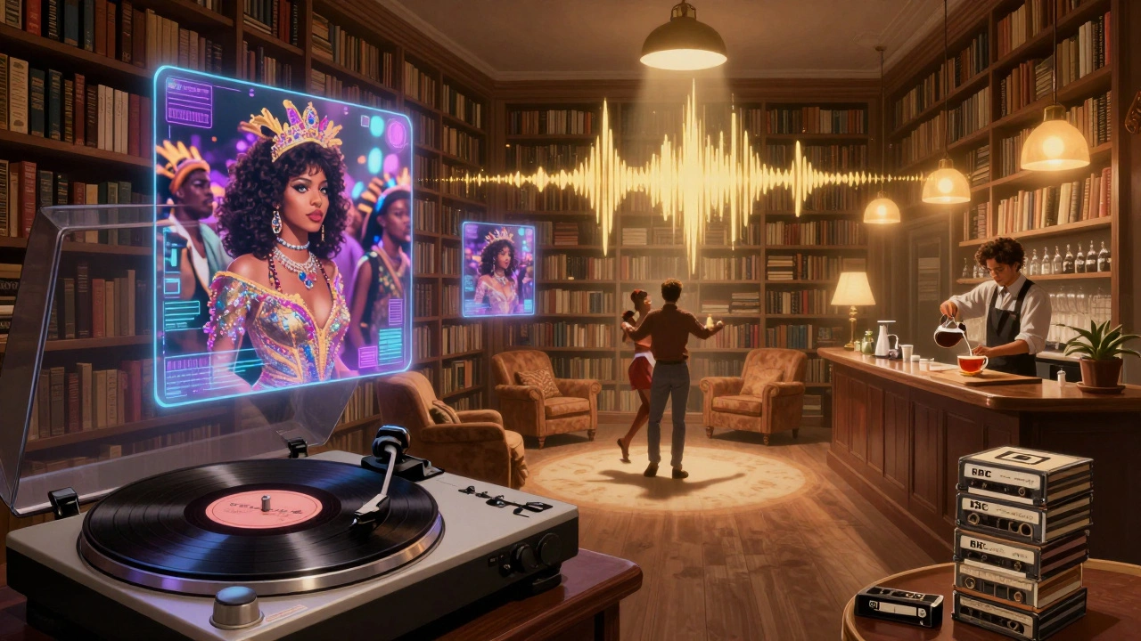 The Library: een vinylplaat spinnt naast hologrammen van een 1982 Carnival, boeken en licht vloeien samen.