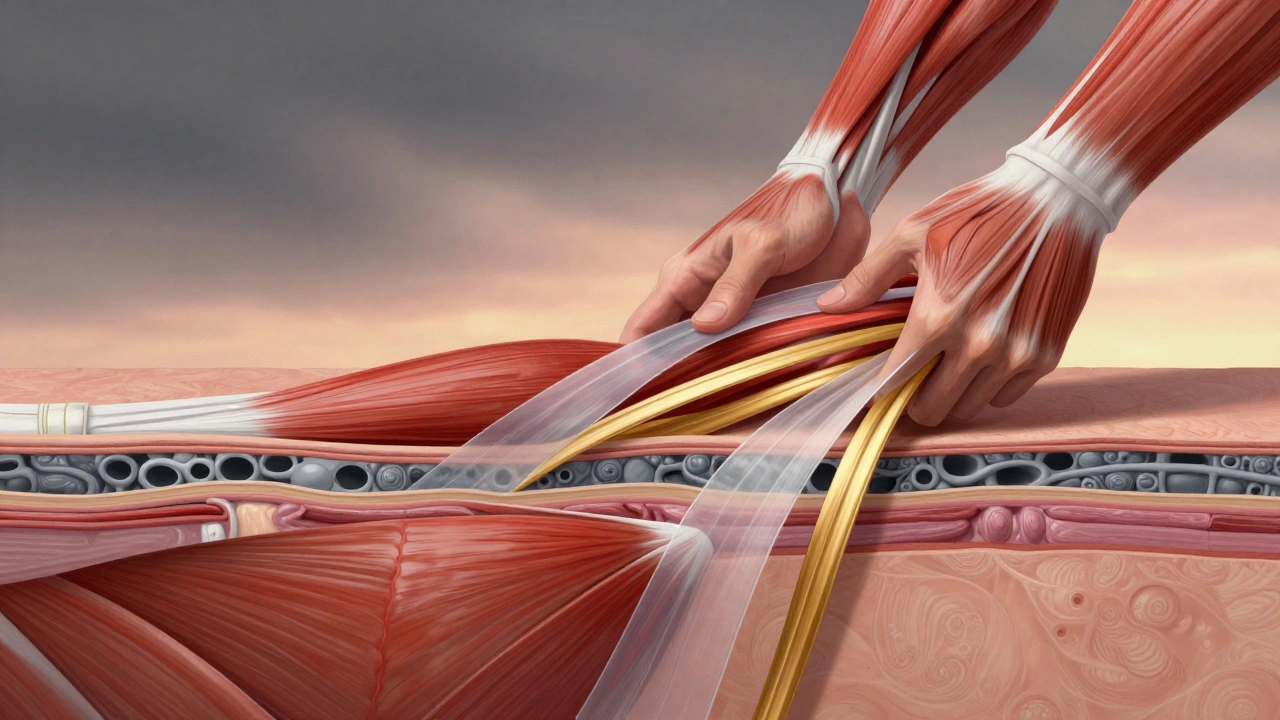 Transparante lagen van spier en bindweefsel worden zachtjes losgemaakt, weergegeven als kleurrijke ribbons in een lichtgevende achtergrond.