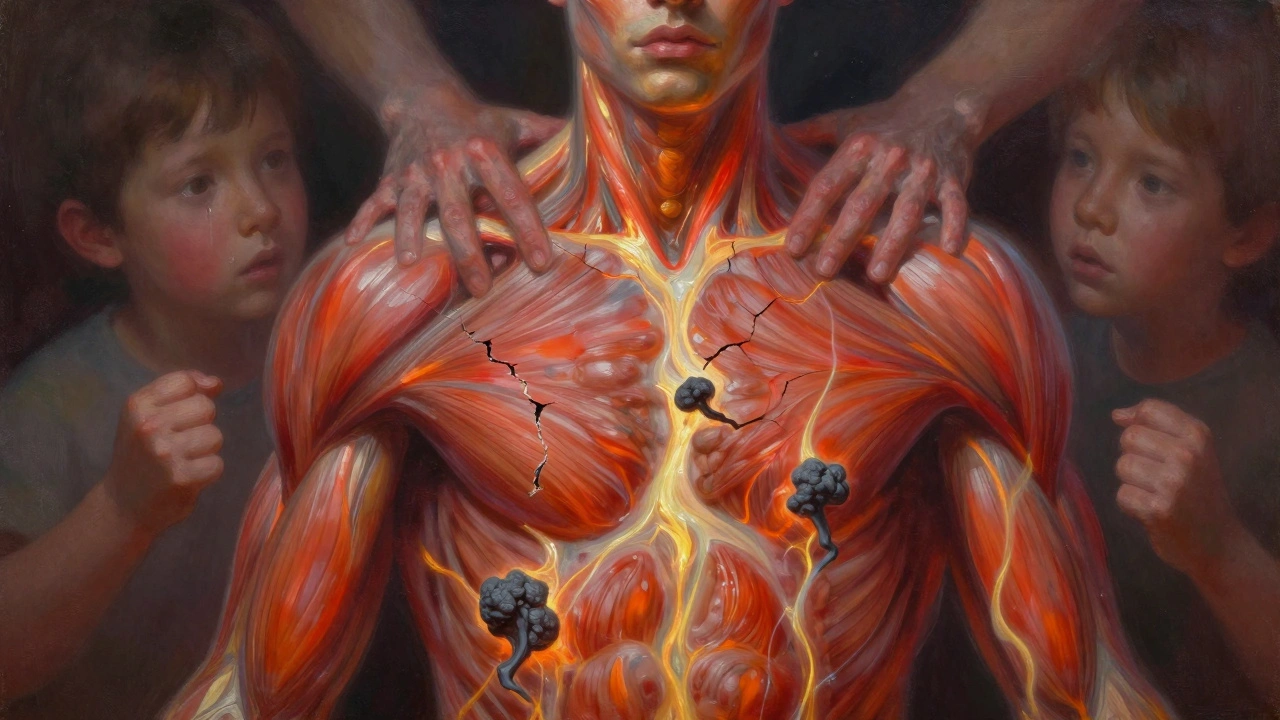 Transparante lichaamslagen met knopen die oplossen in gouden energiestromen, abstracte herinneringen in de achtergrond.