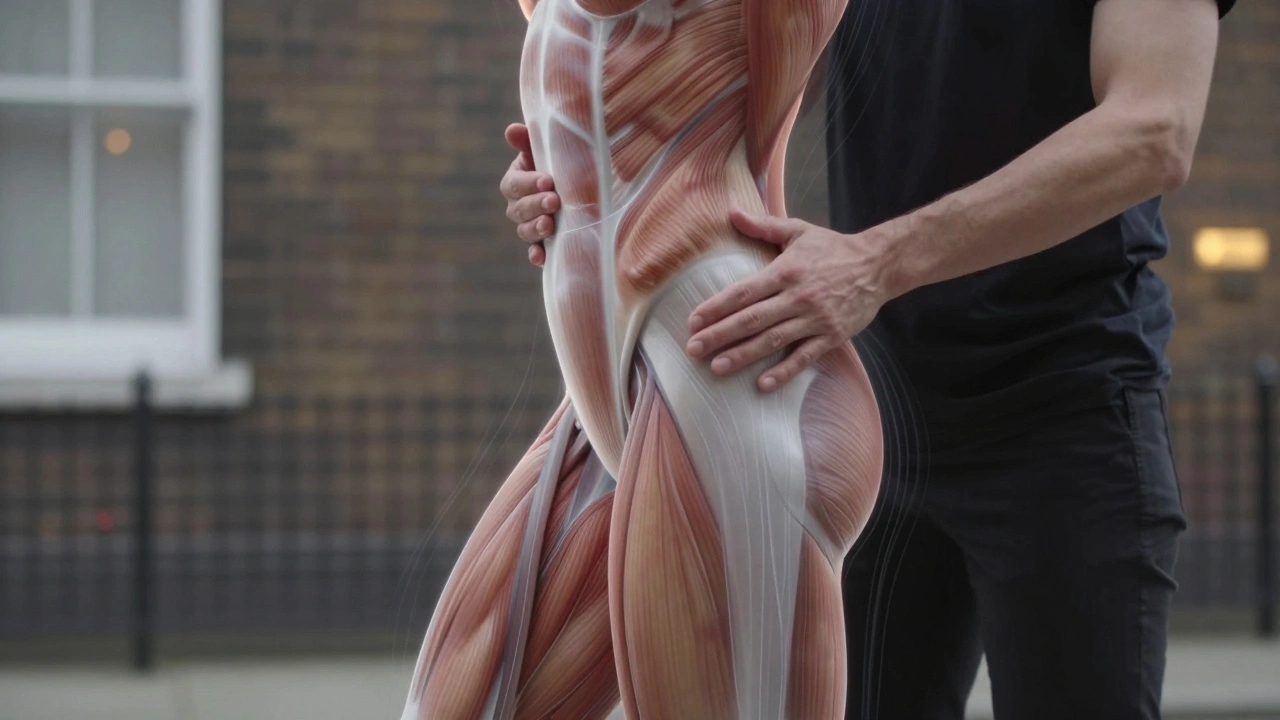 Transparante weergave van spierspanning die lost in de heupen en dijen, met Londense stadstekens in de achtergrond.