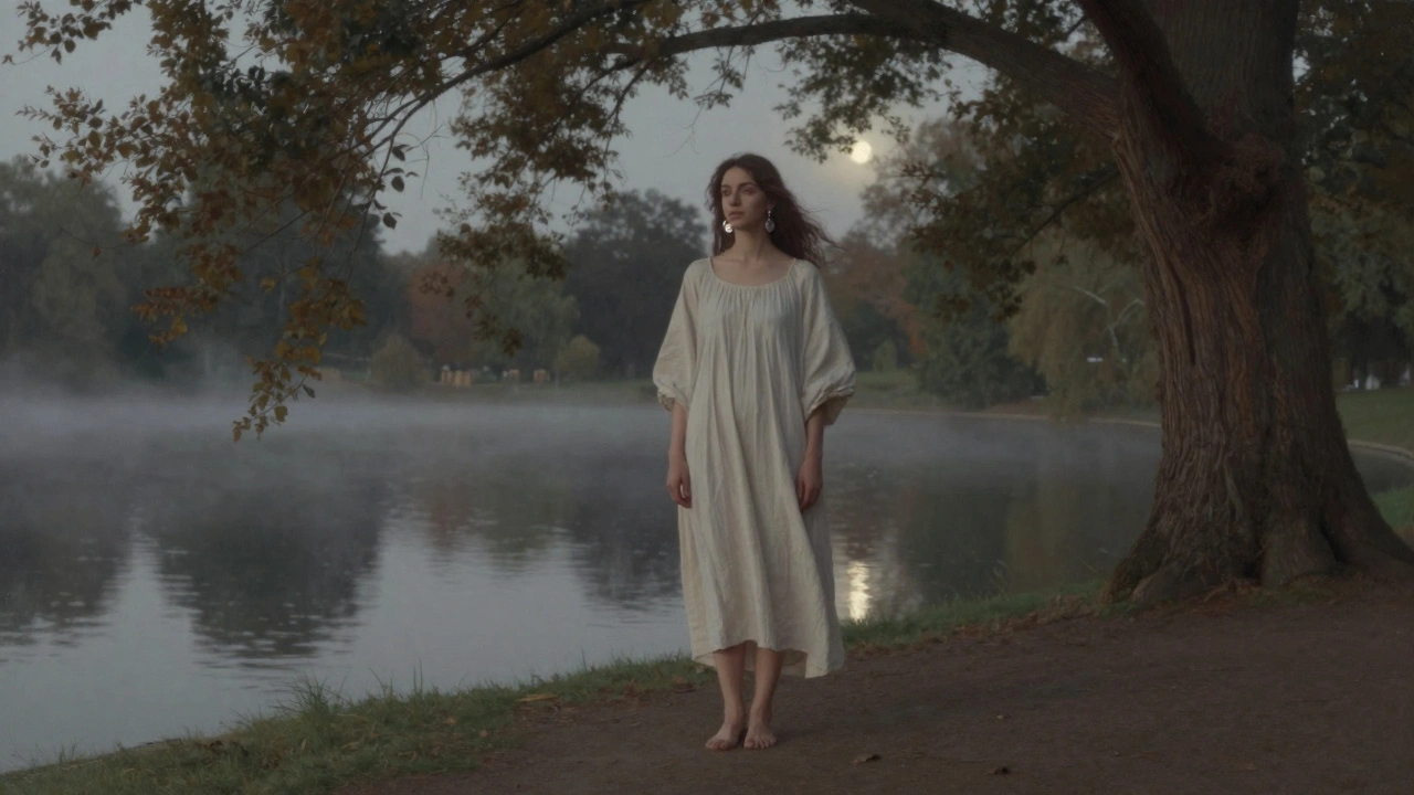 Vrouw met losse katoenen jurk en zilveren oorbellen staat stil onder bomen in Hyde Park, maanlicht op haar huid.