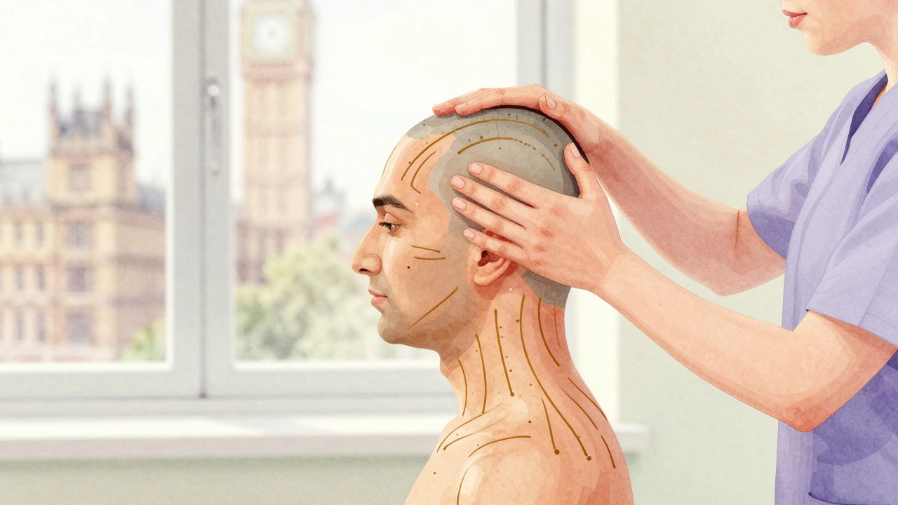 Watercolor illustratie met energie-lijnen die de ayurvedische massage weergeven, zachte kleuren en een stedelijke achtergrond.