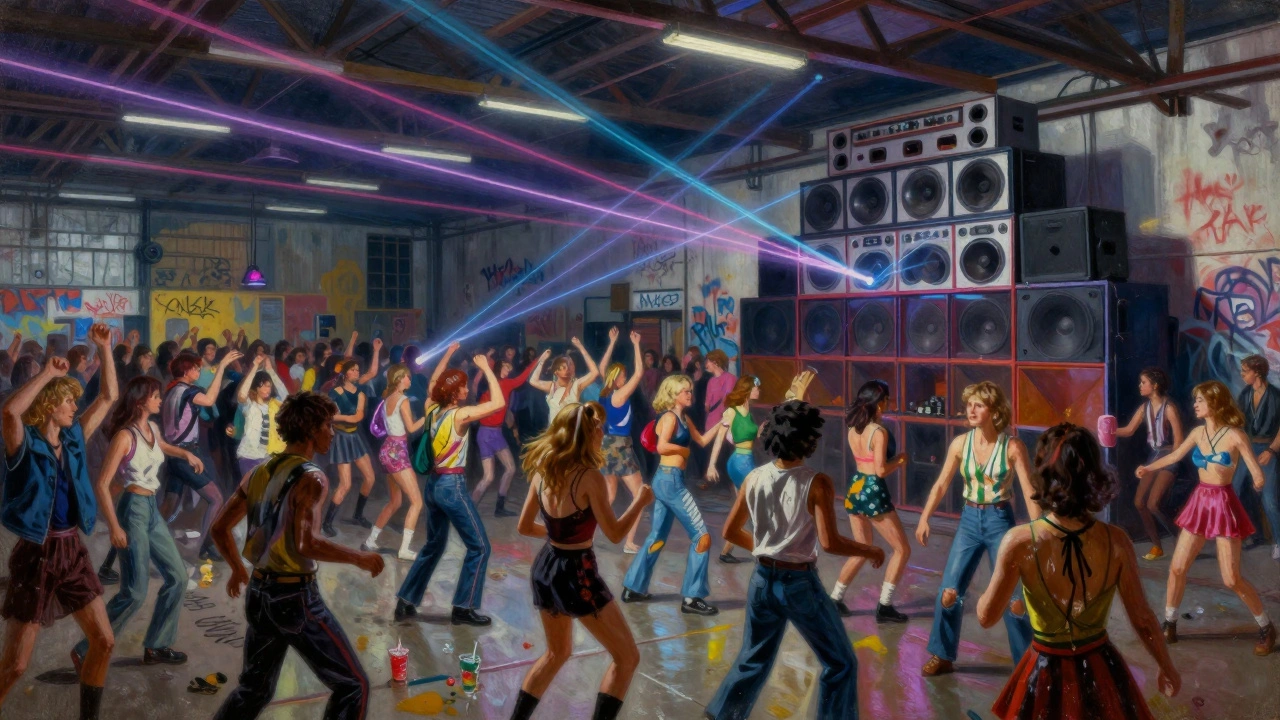 1980s warehouse rave with crowds dancing under strobe lights and a makeshift sound system.