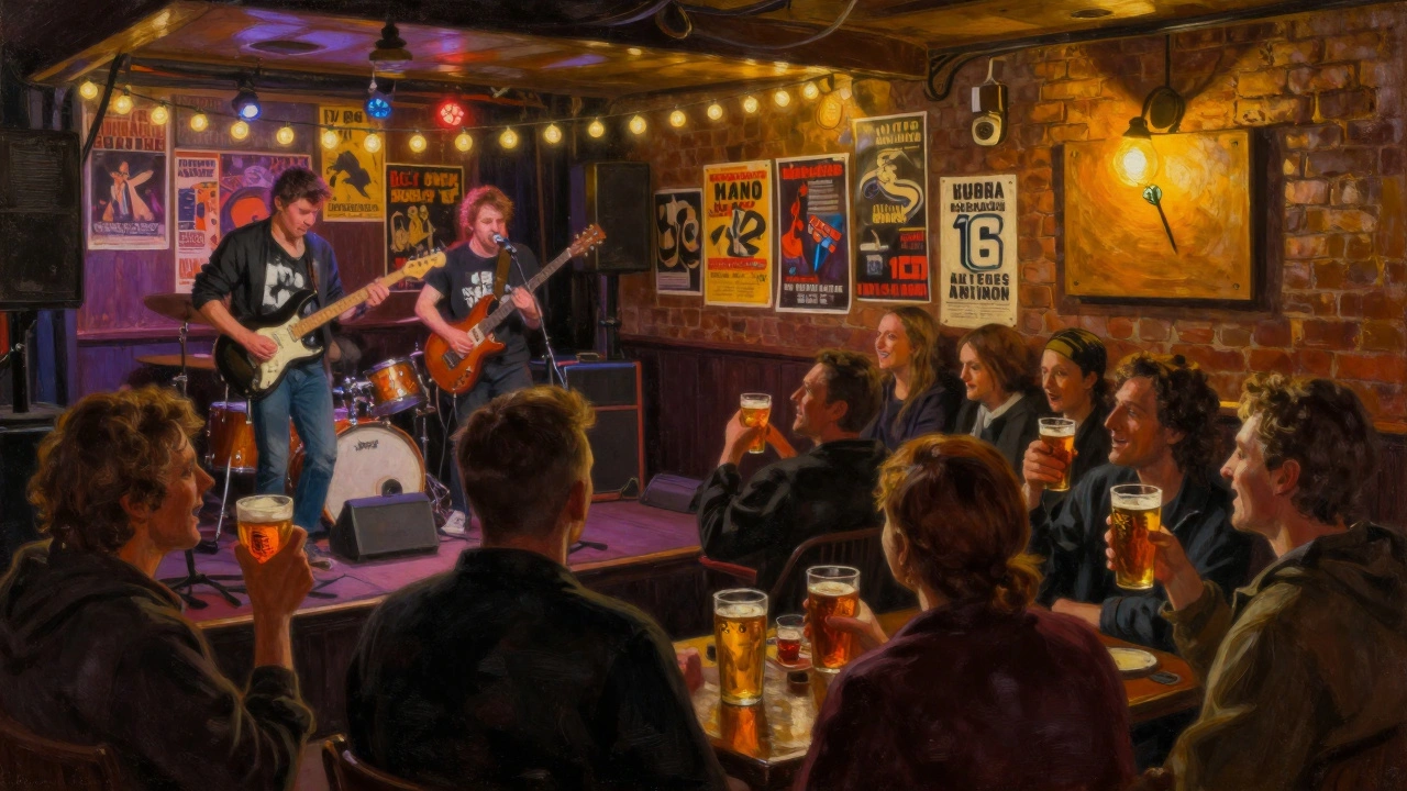 Een levendige punkpub in Islington met een band live en locals die samen een pint drinken.