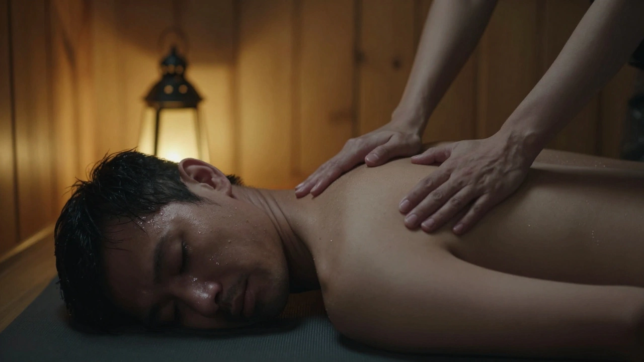 Een man in diepe ontspanning, met een vrouw zijn rug aanrakend met haar voet.