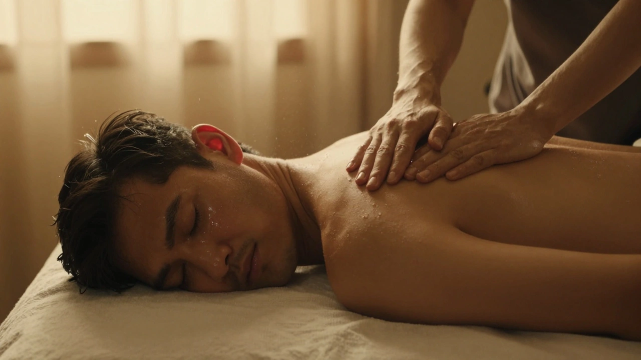 Een man ligt op de massagebank, tranen op zijn tempel, terwijl de therapeut zijn rug masseert.