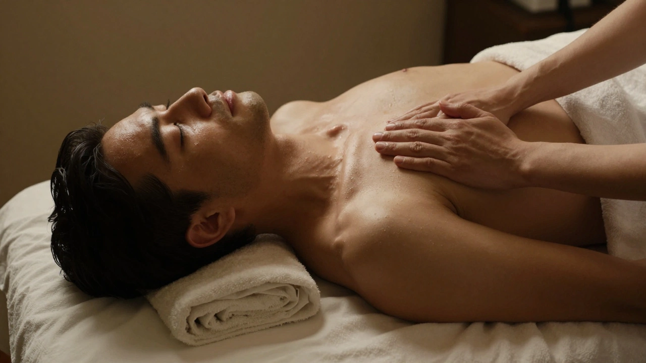 Een man op een massagebank, tranen op zijn tempel, de therapeut zijn heup aanraakt.