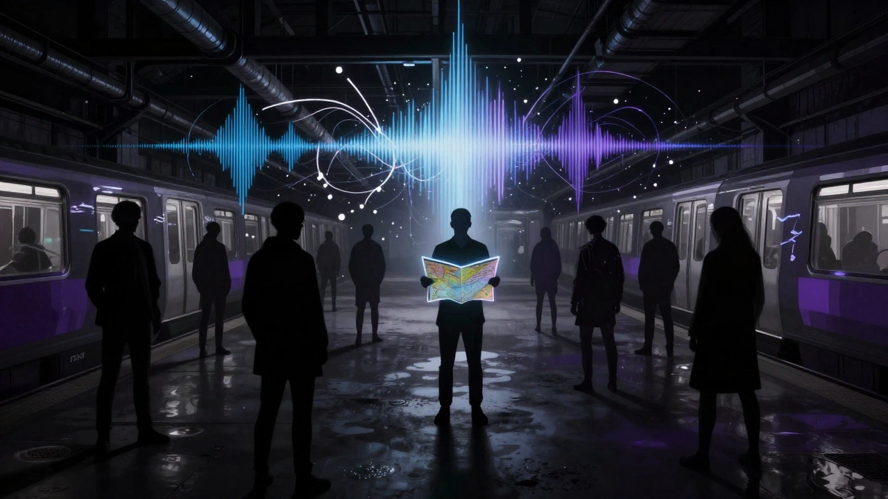 Een ondergrondse parkeergarage met zwevende geluidsgolven en anonieme figuren in stilte, sfeer van geheimzinnige ervaring.