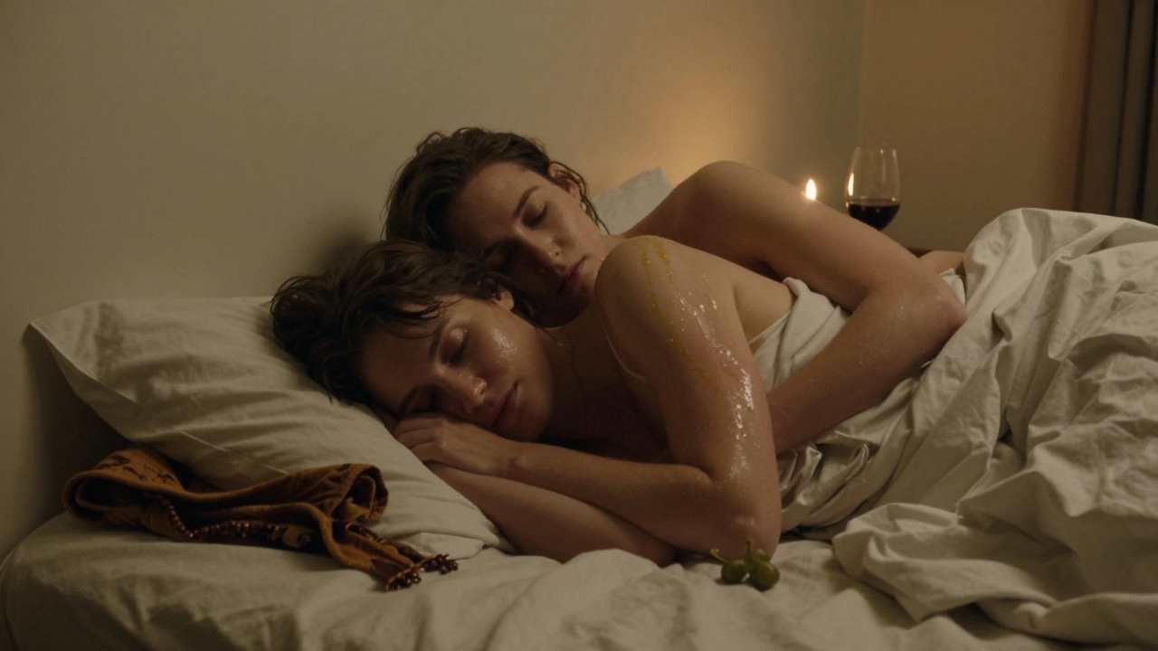 Een paar naast elkaar liggend na een diepe moment van verbinding, met olie op hun huid en kaarsen die nog branden.