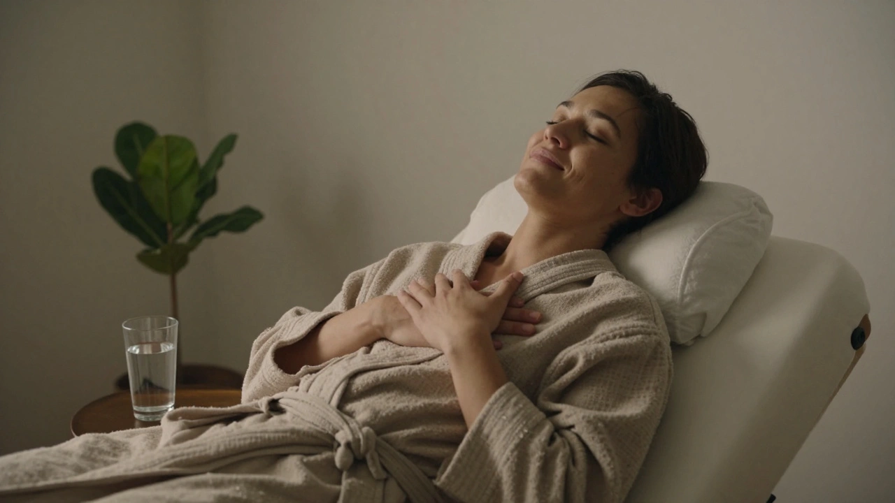 Een persoon zit na de massage met gesloten ogen en een rustige uitdrukking, omhuld door een badjas.