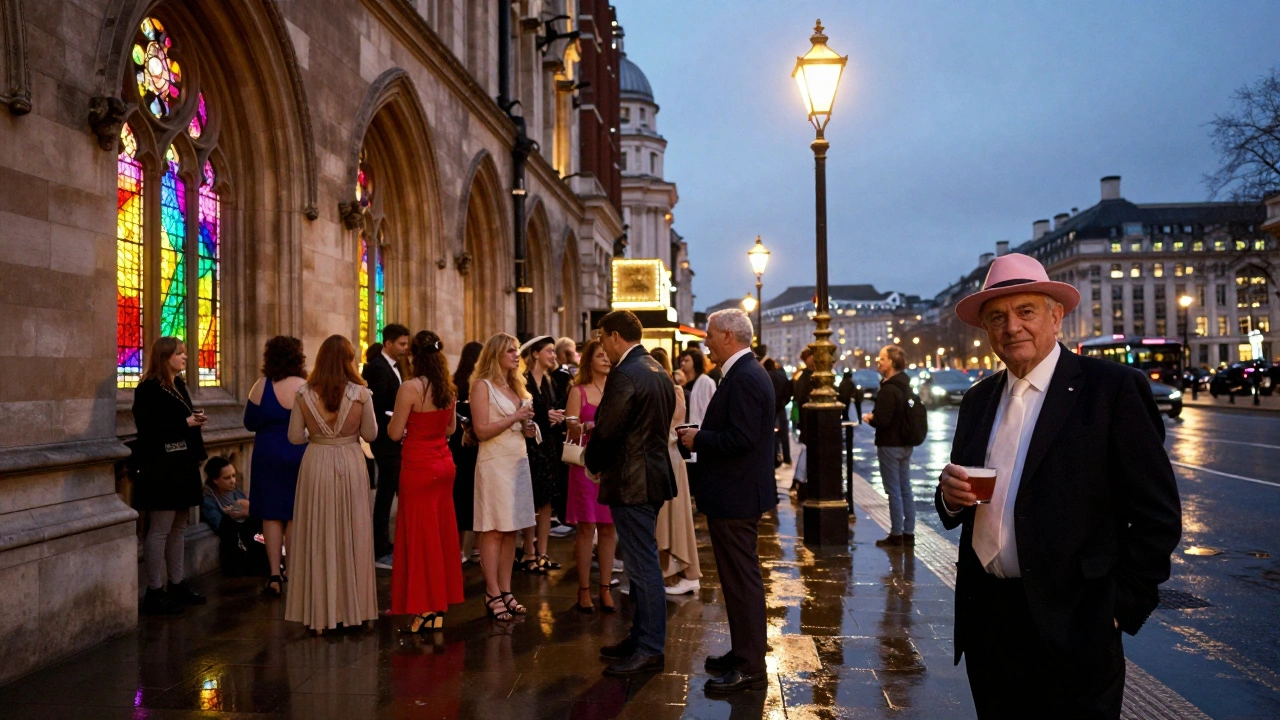 Een rij mensen in glamoureuze kleding wacht voor Heaven Nightclub onder warme straatlampen, met de gebouwgevel verlicht in regenboogkleuren en een oude man met roze hoed in de voorgrond.