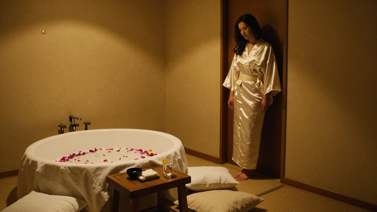 Een rustige massagekamer met een ronde badkuip, zachte lichten en een vrouw in een zijden kimono in stilte.