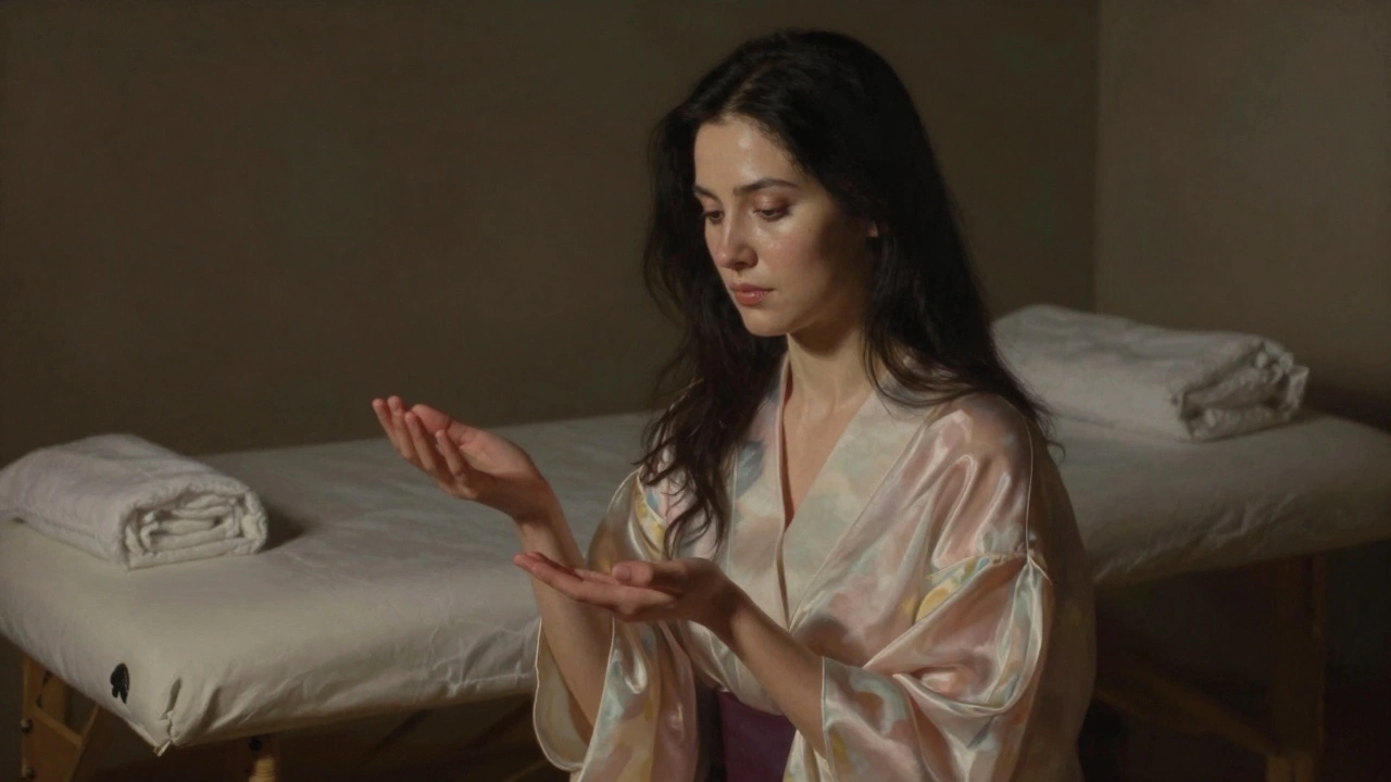 Een vrouw in een transparante zijden kimono staat met uitgestrekte handen, rustig en aanwezig.