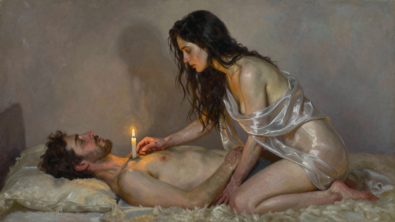 Een vrouw met donker haar en een transparante sjaal, haar hand boven de borst van een man, verlicht door kaarslicht.