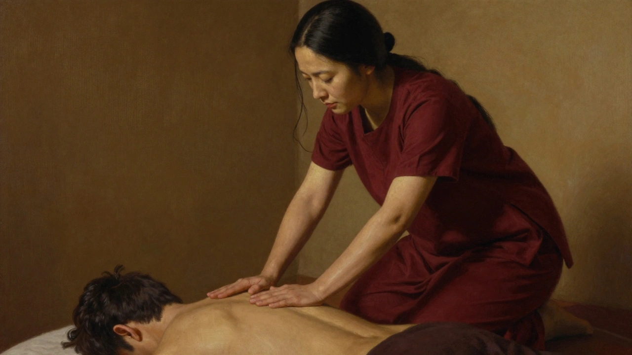Een vrouw met donker haar masseert de rug van een cliënt met rustige, krachtige handen.