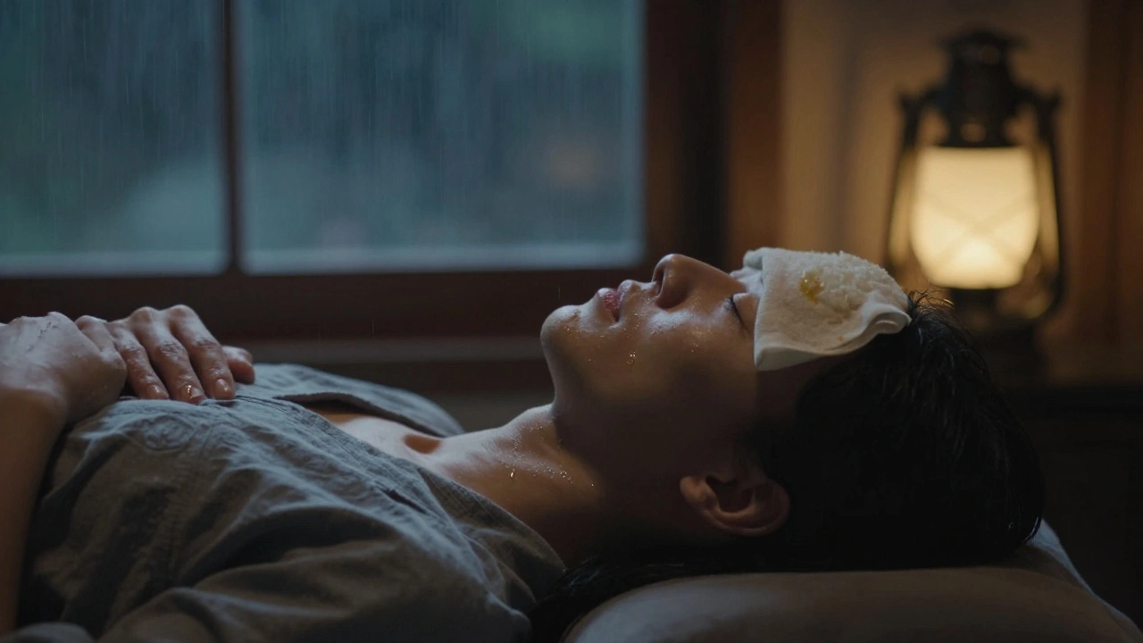 Een warme doek op het voorhoofd, regen op het raam, persoon in rust.