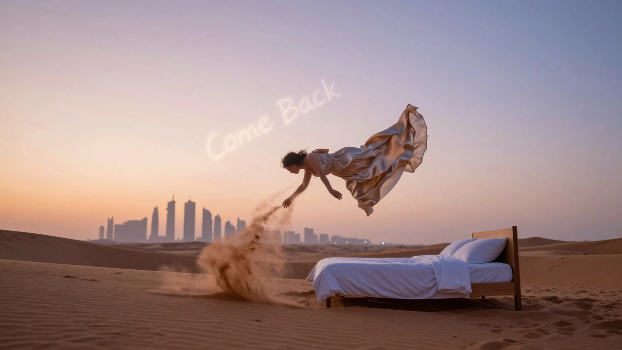 Een zijden jurk zweeft boven een leeg bed, terwijl zand en zonlicht een silhouet oplossen in de ochtend.