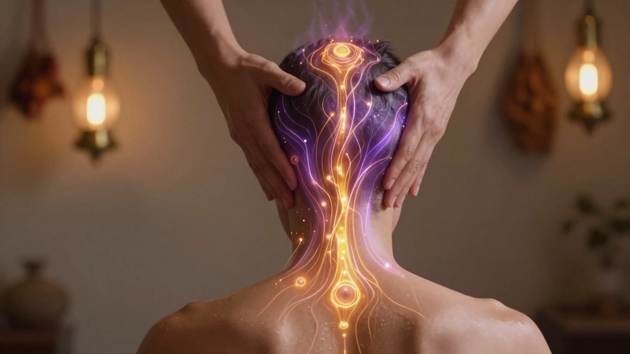 Energiebanen lopen van de hals naar de kroon van het hoofd tijdens een massage.