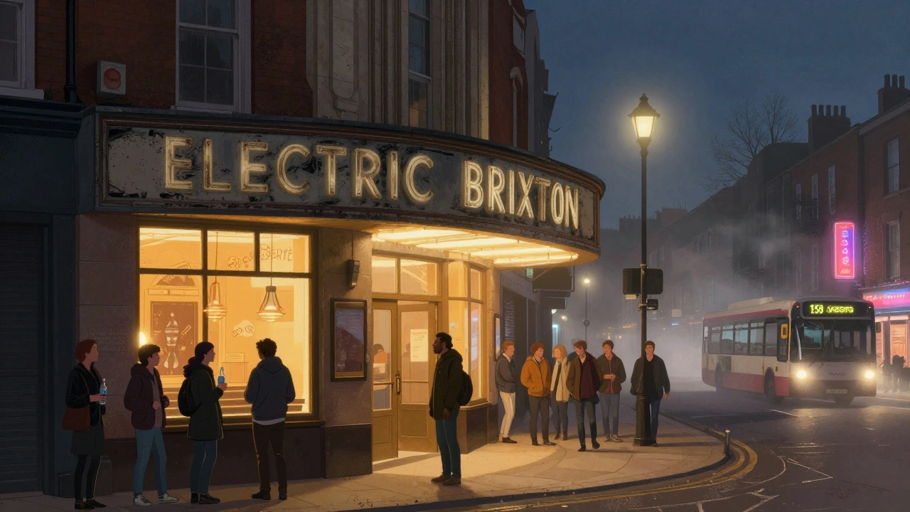 Exterieur van Electric Brixton in de nacht, een oude bioscoop met lichtende ramen en mensen wachtend bij de ingang, met een bus in de achtergrond.