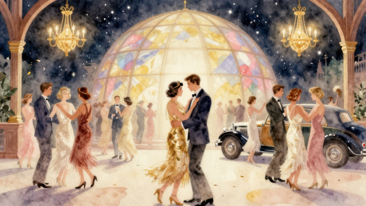 Gasten in jarentwintigkledij dansen onder een sterrenhemel bij een themafeest met antieke chandeliers.