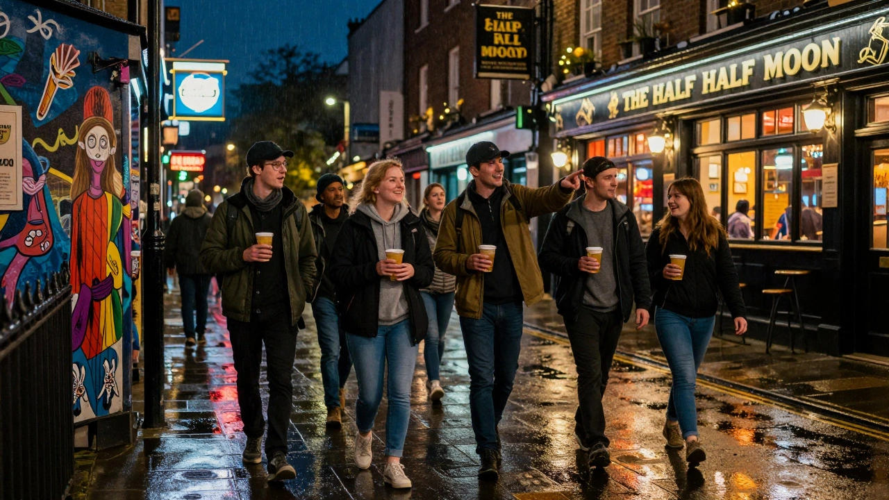 Groep mensen lopen door een regenachtige straat in Camden met bierbeker, omringd door straatkunst en neonlicht.