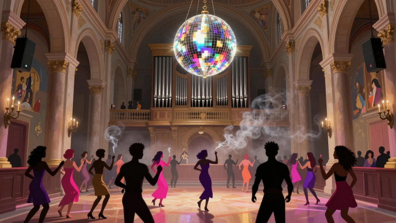 Het interieur van een voormalige kerk dat is omgevormd tot een danszaal met regenboogverlichting, disco-bollen en een divers publiek in stijlvolle kleding.