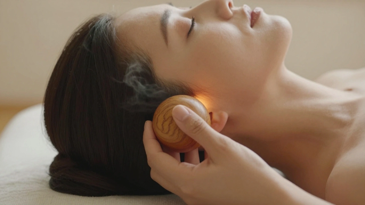 Houten massagekogels drukken zachtjes op de basis van de schedel.