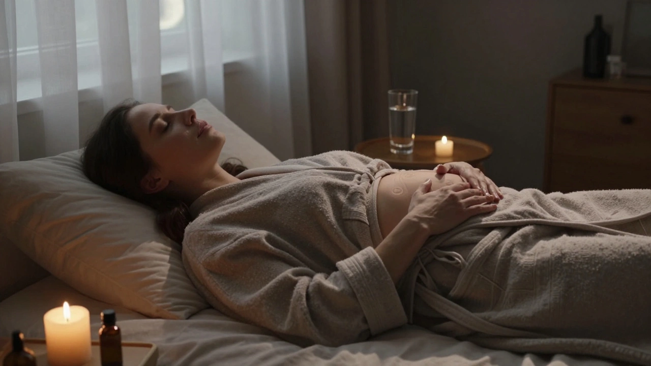 Iemand ligt in bed en masseert zachtjes de buik met circulaire bewegingen, bij maanlicht en kaarslicht.