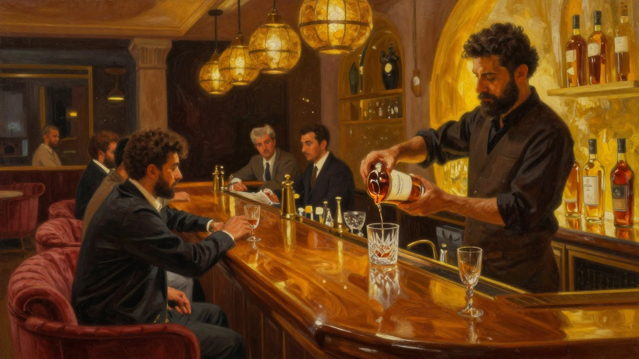 Interieur van Al Jazira-bar met houten bar, warm licht en een bartender die een glas whisky inschenkt.