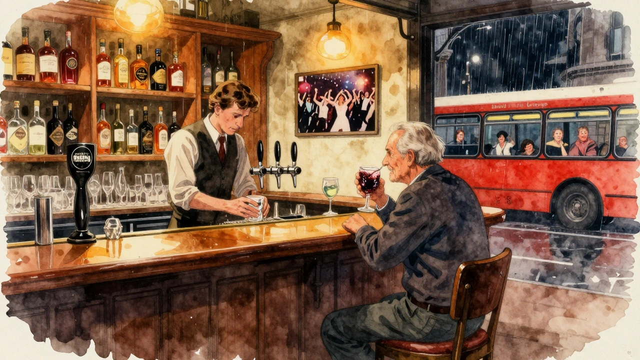 Intieme bar in Ministry of Sound met barman en klant, lokale gin en een oude foto van een rave aan de muur.