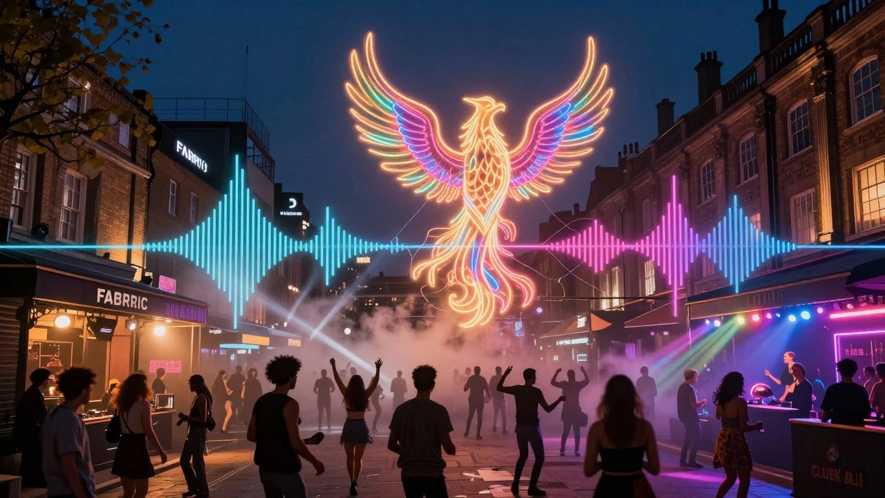 Modern London clubs blending techno, Afrobeat, and queer culture in a glowing, interconnected scene.