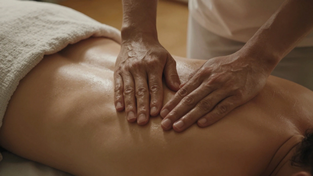 Nauwe opname van handen die warme olie glijden over de schouders en rug tijdens een Swedish massage.