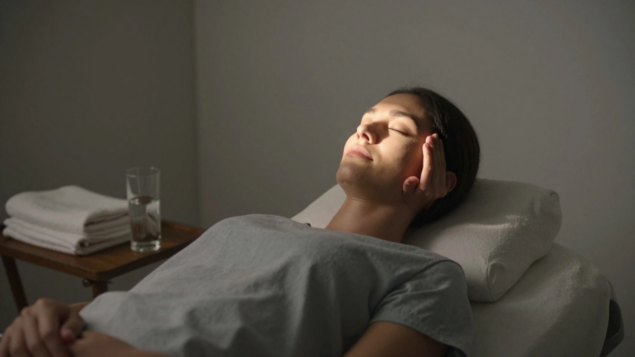 Persoon na een massage, met gesloten ogen en een uitdrukking van verlichting in een rustige kamer.