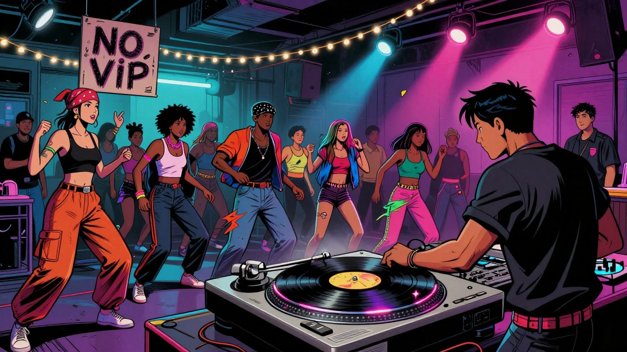 Rave-avond met DJ die vinyl speelt, dansers in jaren-90-kleding en een 'NO VIP'-teken in graffiti-stijl.