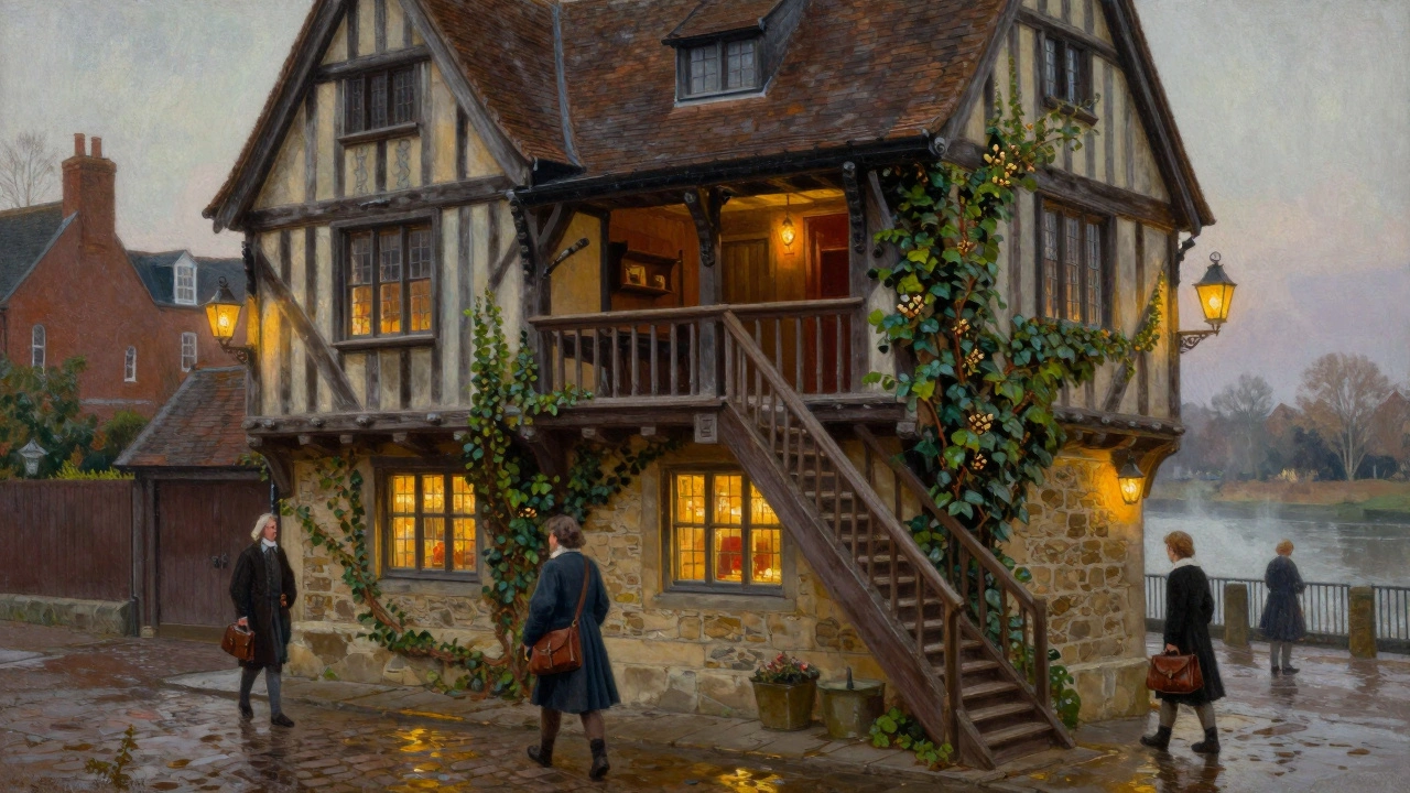 The George Inn in Southwark bij schemer, middeleeuwse timmerwerkgevel met reizigers die de trap opgaan onder lantaarns.