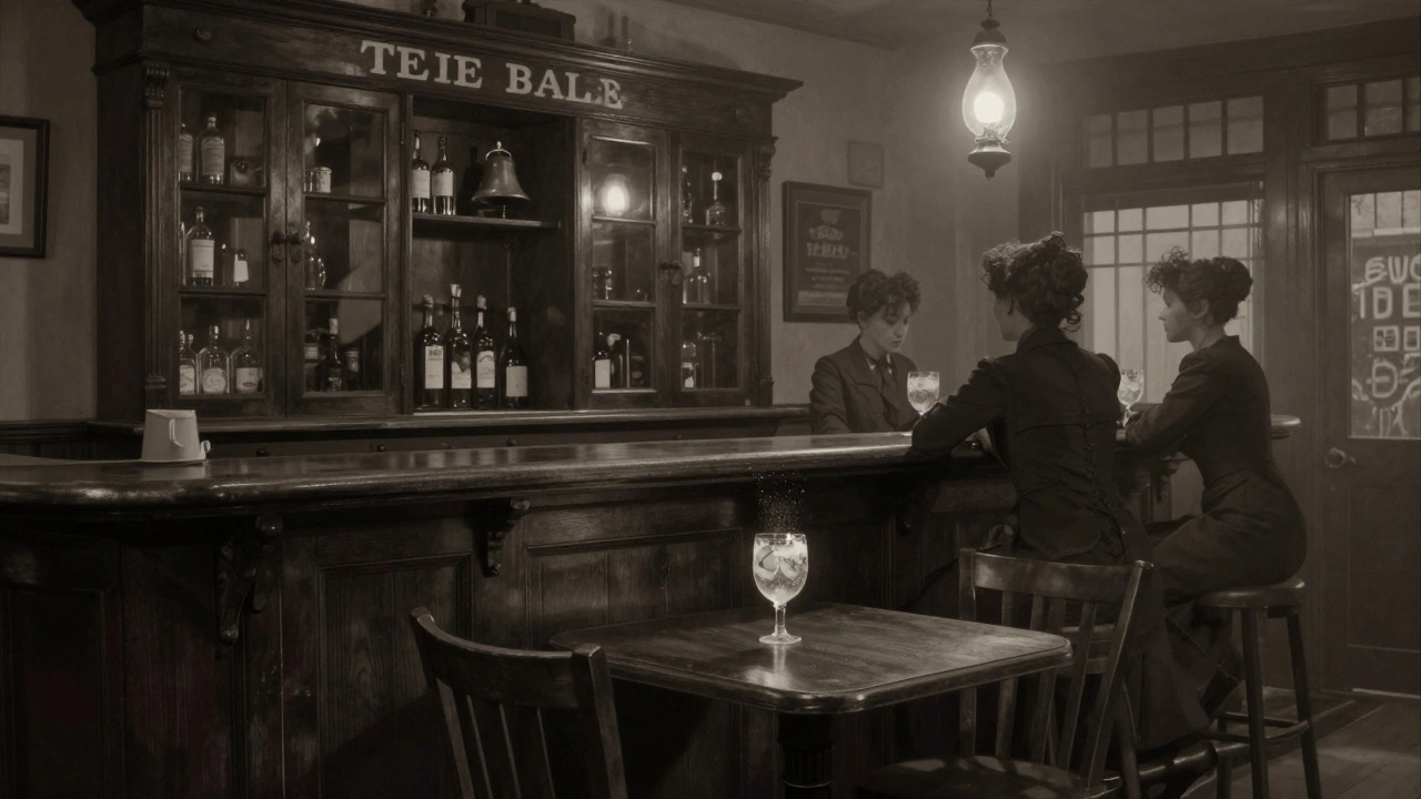 The Ten Bells pub met een lege stoel en schemerige silhouetten, sfeer van verleden en stilte in 19e-eeuws interieur.