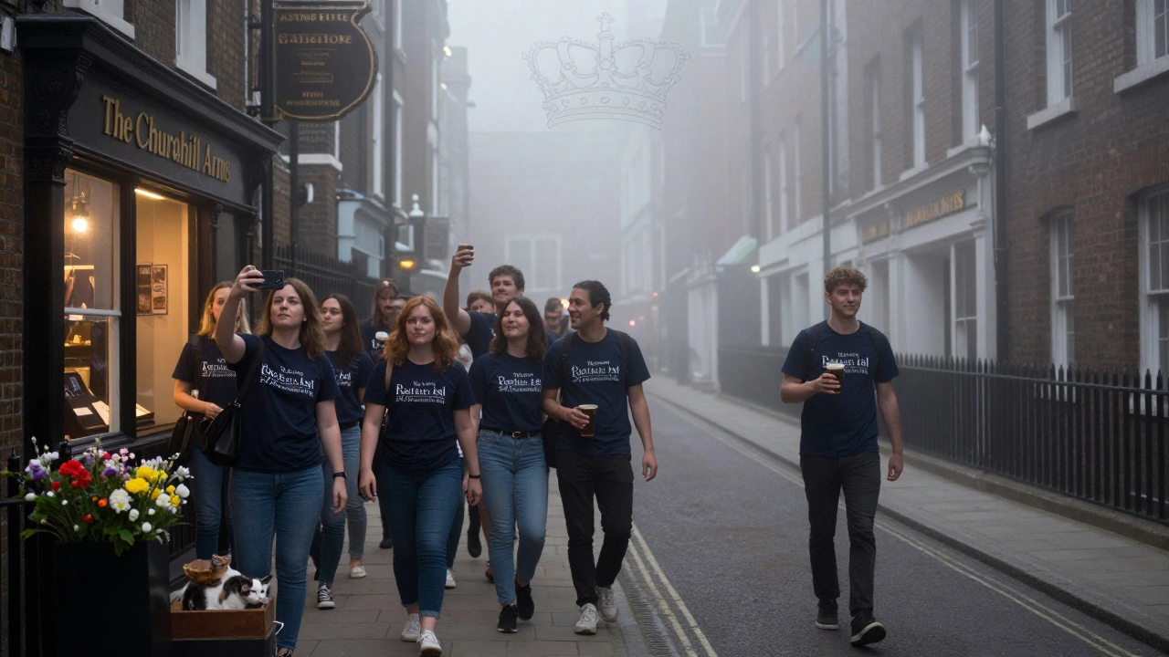 Twee wegen in Londen: toeristen met selfies versus een lokale die stilletjes een pint geniet.