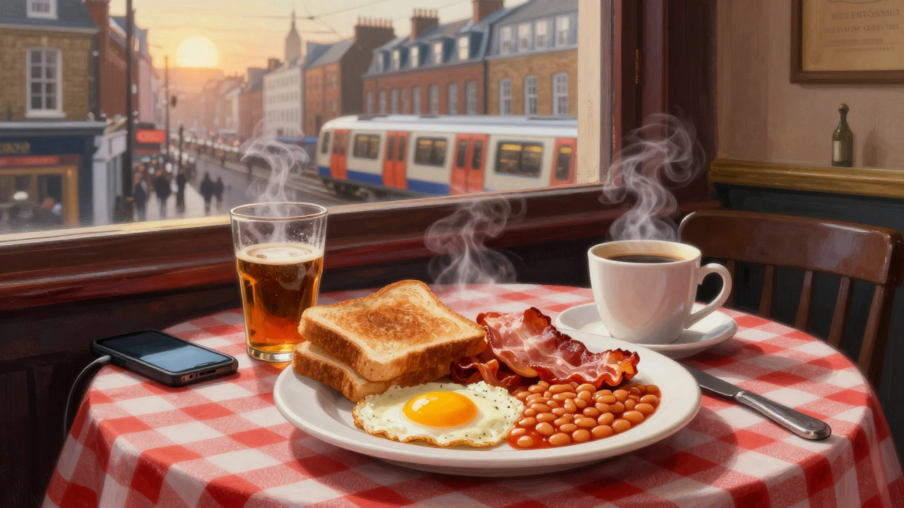 Volledig Engels ontbijt op een tafel met koffie, bierglas en telefoon, terwijl de zon opkomt buiten het raam.