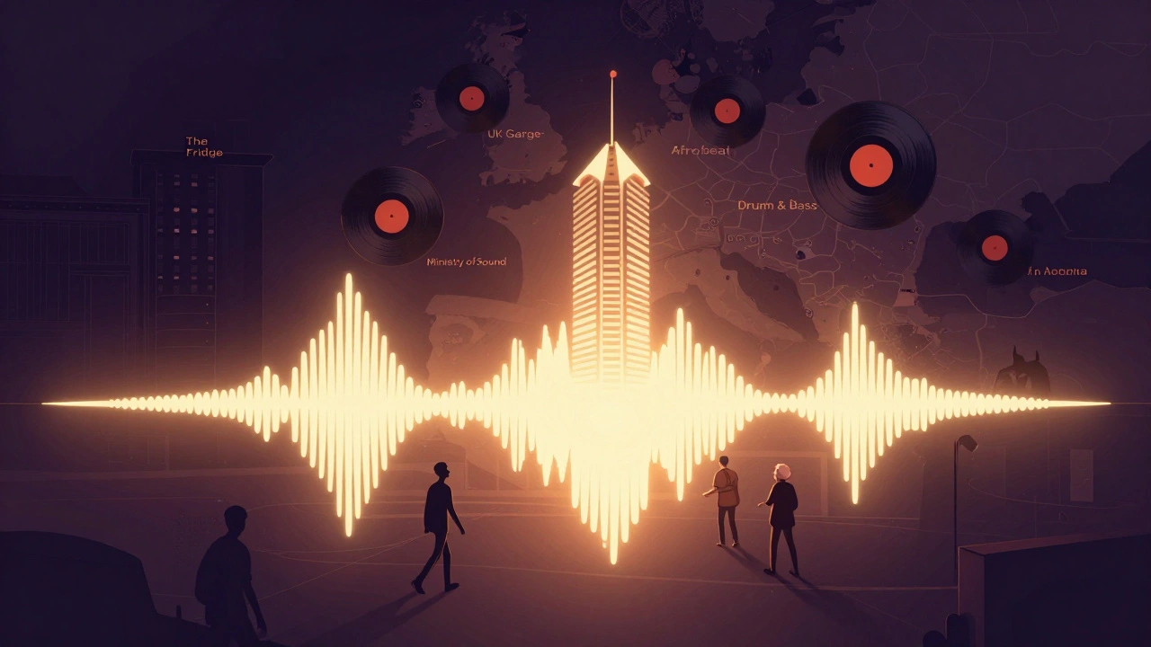 A glowing soundwave shaped like the club, with vinyl records and London landmarks floating around it.